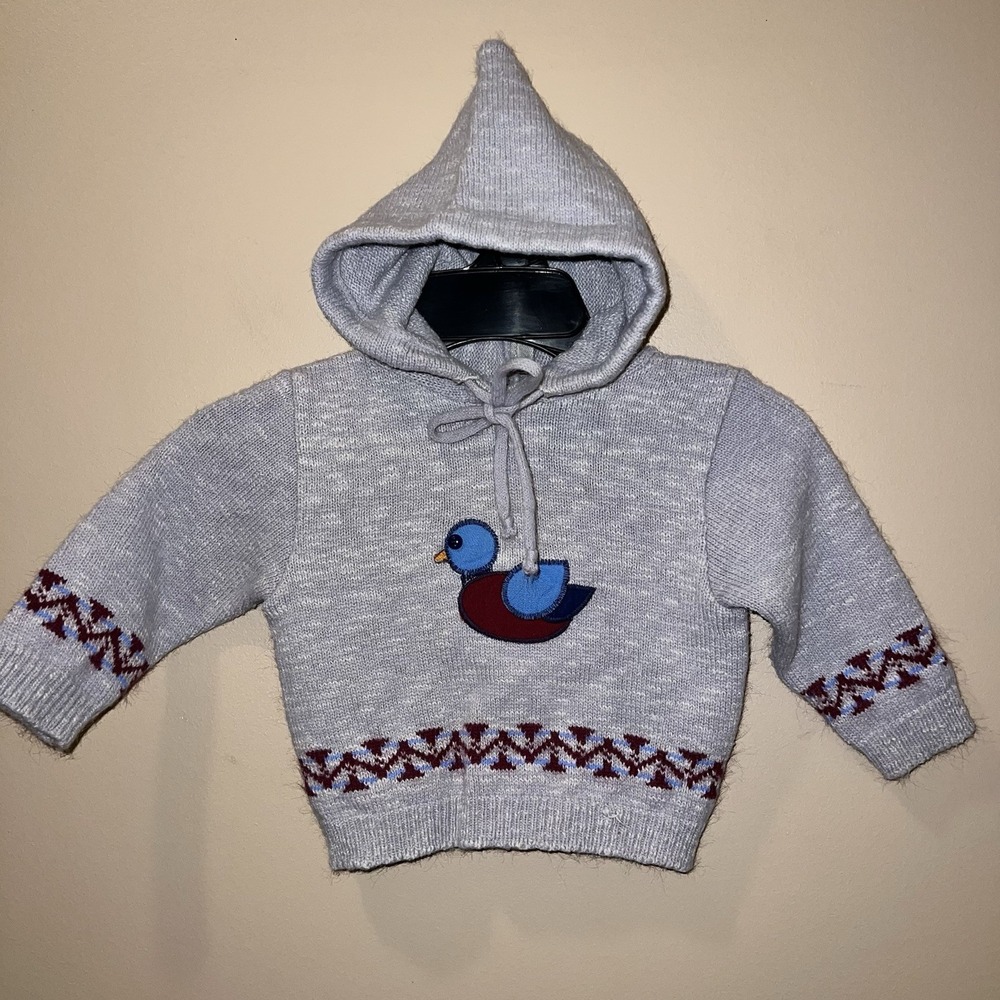 Vintage 80s Health-Tex Duck Sweater Soft Cotton Hooded Sweater Back Zip Applique